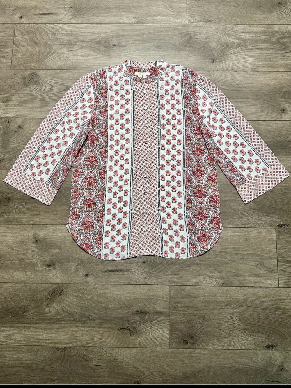 Boden Patchwork Floral BohoButton Front 3/4 Sleeves Blouse Burgundy Cream Size 4